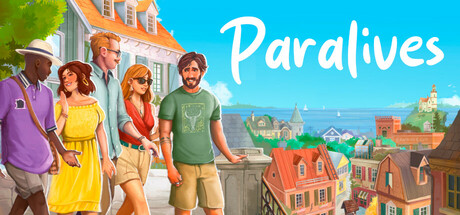 Official Paralives key art with characters overlooking a colorful seaside town.