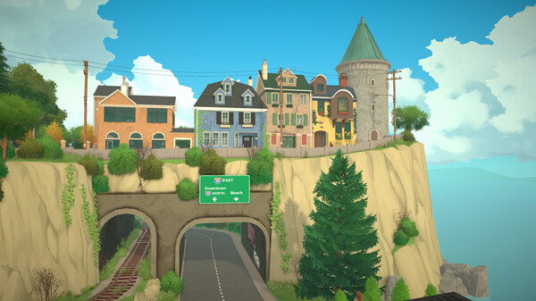 A Paralives screenshot showing a cliffside neighborhood above a tunnel road.