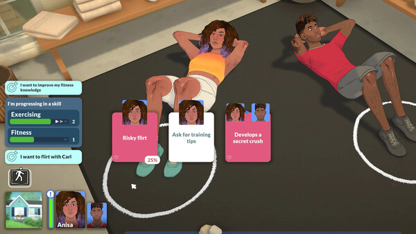 A Paralives screenshot showing a colorful home interior and neighborhood view.